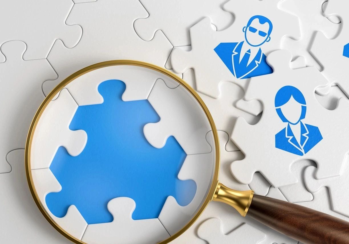 Puzzle pieces magnifying glass business strategy